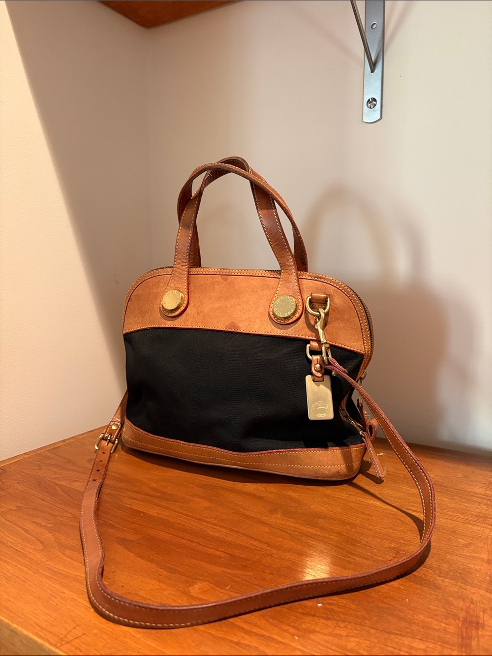 Vintage Dooney and Bourke Black and Tan Leather-Trim Crossbody Purse